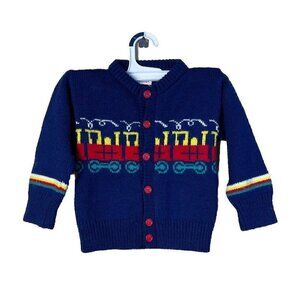 Vtg Warm Heart Kids 3T Sweater Cardigan Blue Knit Multicolor Trains Red Buttons